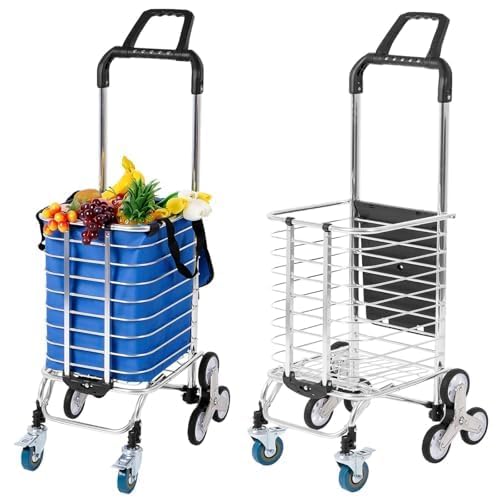 Carrito plegable de 8 ruedas para escalera, carrito de compras de aluminio ligero con bolsa de lona, carrito portátil de comestibles y utilitario para viajes y cargas pesadas