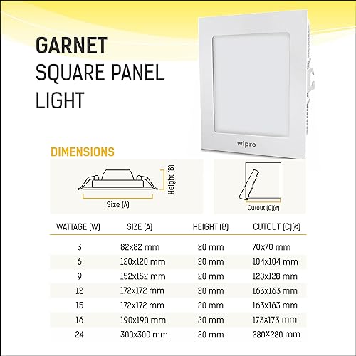Image of wipro Garnet 16W Square LED Slim Plus Panel | Coolwhite Light(6500K)| Ultra-Slim Design | Aluminium Housing | Flicker Free Design | Recessed Down Light for False Ceiling |Cutout - 100mm |Pack of 10