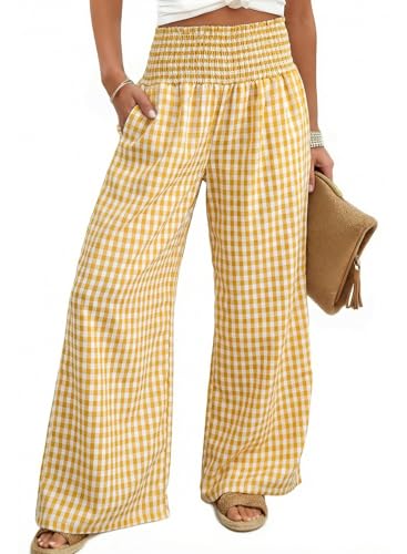 Dokotoo Womens Summer Gingham Striped Pants Smocked Waist High Waisted 2026 Maternity Plaid Wide Leg Flowy Boho Trousers Summer Beach Casual Beach Vacation Clothes Yellow Small