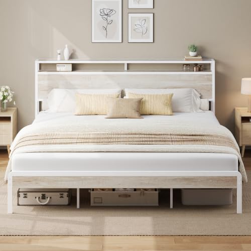 Image of LIKIMIO California King Bed Frames with 2-Tier Storage Shelf Headboard