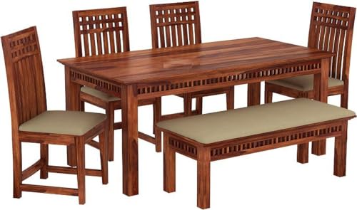 Image of Sheesham Wood 6 Seater Dining Table with 4 Cushioned High Back Chairs and 1 Bench for Living Room Home Wooden Dining Room Sets for Dinner Rooms (Honey Finish)