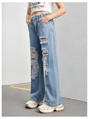 WDIRARA Girl's Ripped Baggy Jeans Elastic Waist Y2k Straight Leg Denim Pants4
