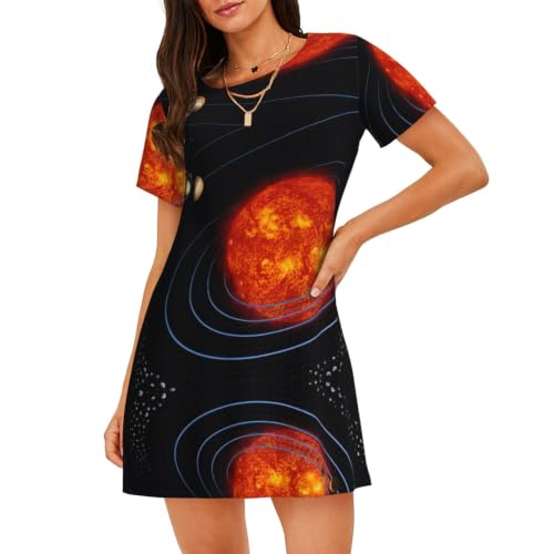 Uusnwaa Camisón de manga corta para mujer, suave, holgado, con estampado de galaxia y sistema solar, Negro, M