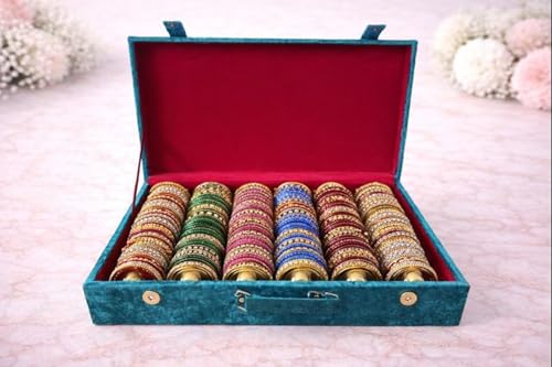 Image of Bangle Box for Women 6 Rod | Bridal Chura Organizer Box with Detachable Rods | Velvet Jewellery Storage Box with Magnetic Lock & Handle | Bangles Holder Case for Jewellery Storage (Green)
