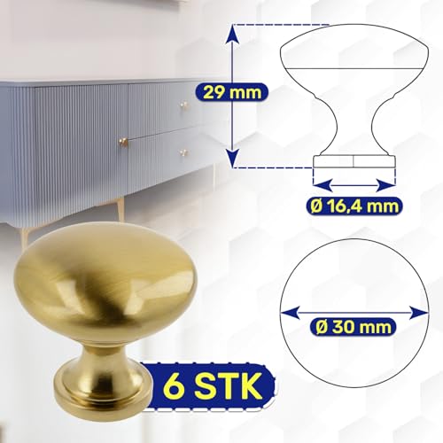 MONTERAL 6 Stück Möbelknöpfe Ø30 mm H29 mm - Schrankknöpfe aus Zink-Aluminium Legierung - Schrankgriffe in Goldenes Messing Farbe - Garantie 10 Jahre