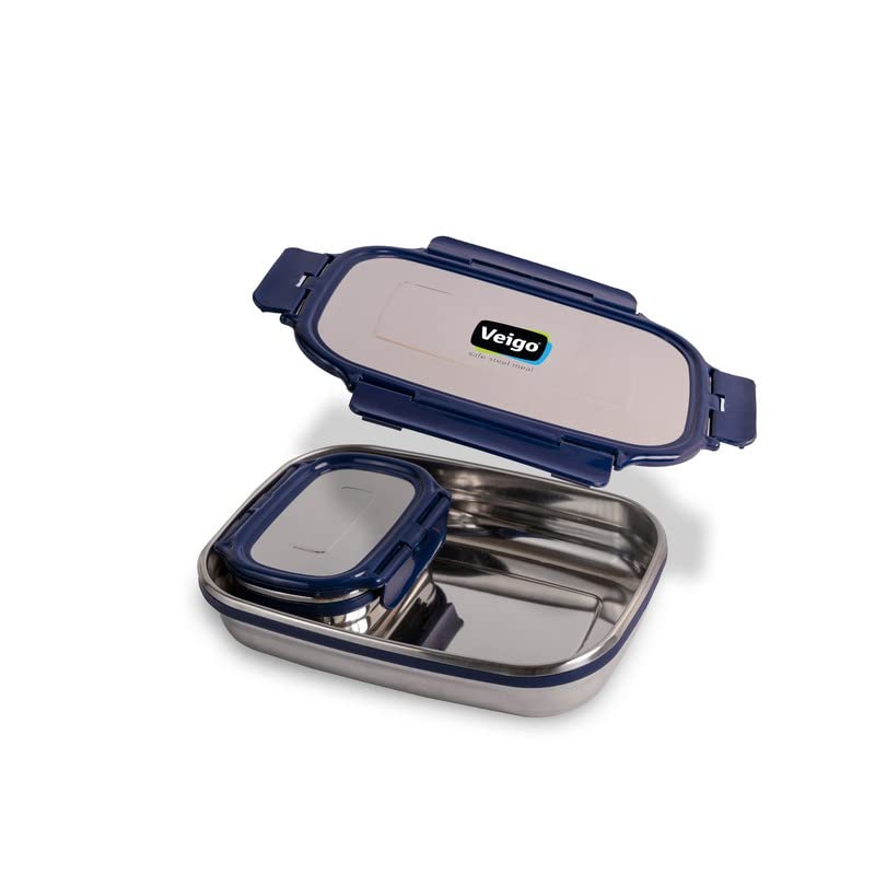 Veigo Steel Lunch Boxes for Office Men, Tiffin Box for Office Men, Lunch Box for Kids, Jumbo 950 ml, 180 ml Veg Box | Detachable Clips | Leakproof & Airtight | Durable Stainless Steel Lid | Navy Blue