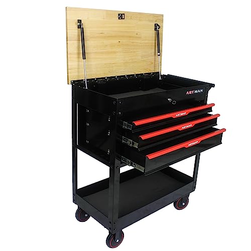 WTRAVEL Rolling Tool Cart with 3-Drawer Utility Tool Box with Wheels Wood Top Mechanic Tool Storage Organizer Cabinet for Garage, Warehouse, Workshop, Repair Shop