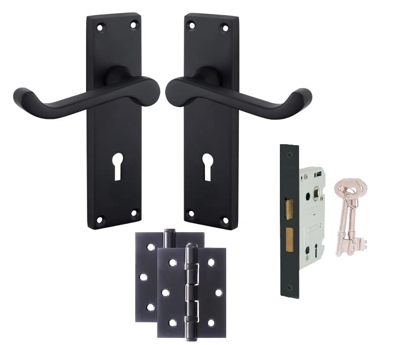 Golden Grace Victorian Scroll Door Handles Lever Lock in Matt Black Finish with 3 Lever Lock and Keys & 1 Pair of 3" Ball Bearing Hinges - 150mm x 40mm — image 1