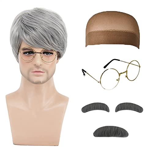 Bopocoko Old Man Wig Costume Men Boys, Short Silver Gray Wig with Glasses, Eyebrows, Mustache, Perfect for Grandpa Costume Cosplay BU242S