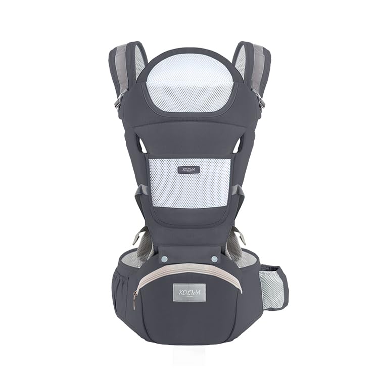 Image of KOLWA 6-in-1 Safety Certified Ergonomic Quality Baby Carrier with Hip Seat: Kangaroo Bag Design for Newborns to Toddlers. Head Supporting Front and Back Support for Parents (Grey)