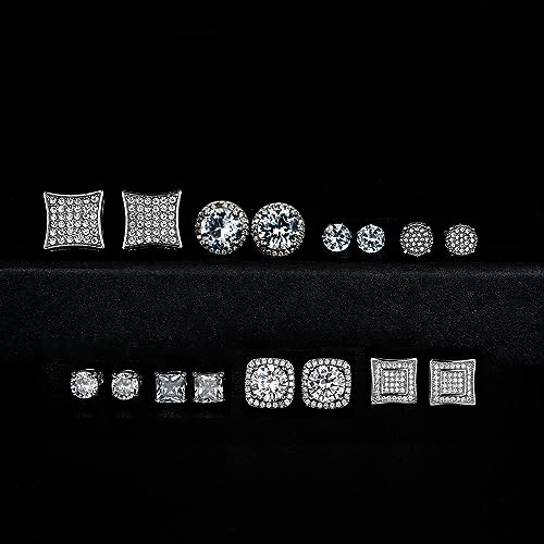 RIOSO 8Pairs Stud Earring of Men Women Silver Cubic Zirconia Square Round CZ Stud Earrings4