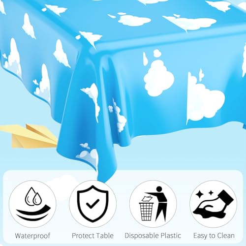 Image of 8 PCS Blue Sky and White Clouds Party Tablecloth, Cartoon Story Tablecloth, Disposable Plastic Rectangle Cartoon Table Cover for Boys Girls Baby Shower Picnic Birthday Party Decorations, 54x108 Inch
