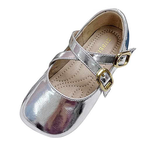 Children Shoes Fashion Leather Single Shoes Comfortable Soft Sole Single Shoes Kids Lightweight Shoes (Silver, 5-5.5 Years Little Child)