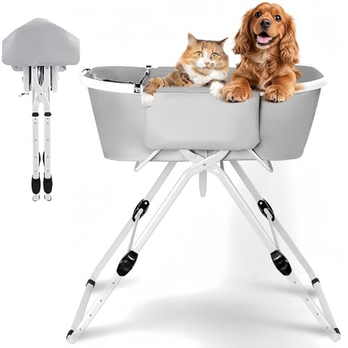 TUIYIDUO 犬 お風呂 犬 バスタブ ペット用バスタブ 折り畳み スタンド付き 5段階の高さ調節 猫犬浴槽 シャワープール 排水プラグが付く 大容量 収納 コンパクト ポータブル 漬け置き洗い 耐磨 防水 室内外に適用 日本語説明書付き(グレー)-Z