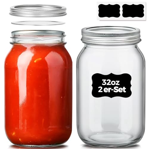 ComSaf Einmachgläser 960ml mit Deckel 2 Stück Mason Jar, Vorratsgläser für Lebensmittel für Marmelade, Honig, Joghurt, Gurken und Bohnen Overnight Oats Gläser Marmeladengläser mit Schraubdeckel