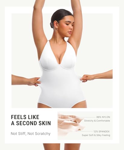 Image of FeelinGirl Shapewear Bodysuits for Women Tummy Control Deep V Neck Body Suits with Adjustable Straps Tops