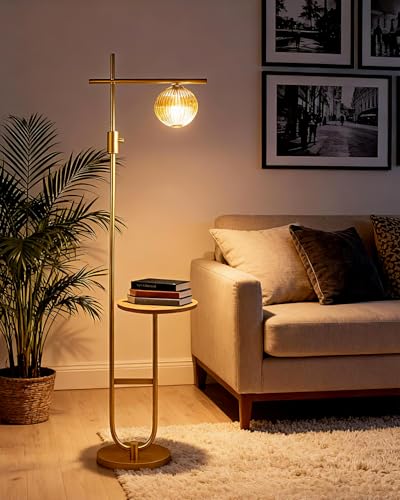 Image of Lightdot 66IN Gold Dimmable Floor Lamps with Table, Modern Standing Tall Lamp with Brown Globe Glass Shade, Cross-Shaped Head and U-Pole Base for Living Room /Sofa Beside /Corner Decor(Bulb Included)
