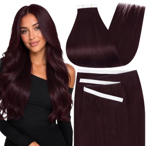 Image of Moresoo Genius Tape Weft Human Hair Remy Burgundy 18 Inch 65g 2pcs | Skin weft tape in hair extensions, 10-inch track, flexible sections, merlot brunette tone for ponytails and events