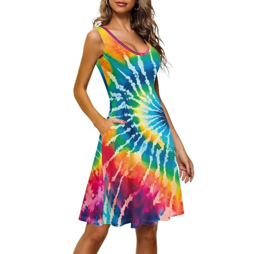Image of TOADDITDO Women's Sleeveless O Neck Beach A-Line Party Coctail Tank Dresses Flared Sundress