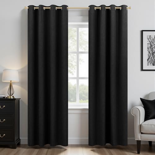 Image of 100% Blackout Linen Textured Curtains for Bedroom Full Light Blocking Room Darkening Bronze Grommet Window Drapes Thermal Insulated Energy Efficient Home Decor 52x84 Black (2 Panels)