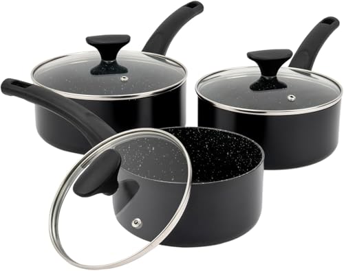 Juego de 3 cacerolas antiadherentes con tapas de vidrio templado, 16 cm, 18 cm, 20 cm, juego de ollas de inducción, cocinas de gas y eléctricas, sartenes de aluminio forjado para leche