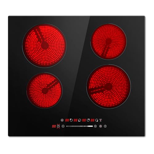 Gleedelish Estufa eléctrica de 4 quemadores de 24 pulgadas, 220 V con enchufe, 16 niveles de potencia de 6000 W con temporizador, bloqueo infantil, encimera de estufa con control táctil
