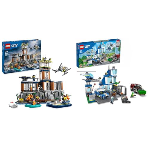 LEGO City La Prison de la Police en Haute Mer, Jouet avec Hélicoptère et Bateau & 60316 City Le Commissariat de Police: Jouet de Construction avec Voiture,...