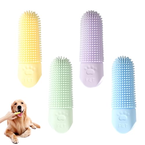 4 Pezzi Spazzolino Silicone per Cani 360º Spazzolino Denti del Dito del Cane Gatto Pulizia Denti Accessori Animale Domestico Rimuovi Tartaro Denti Animali Dentali Cura Dentale Viola Blu Verde Giallo
