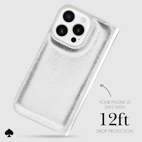 Image of kate spade new york Wallet Folio iPhone 16 Pro Case - Metallic Silver | Compatible with Wireless Charging - Designer Wallet Case for iPhone 16 Pro with Anti-Scratch Coating & Metallic Silver Design