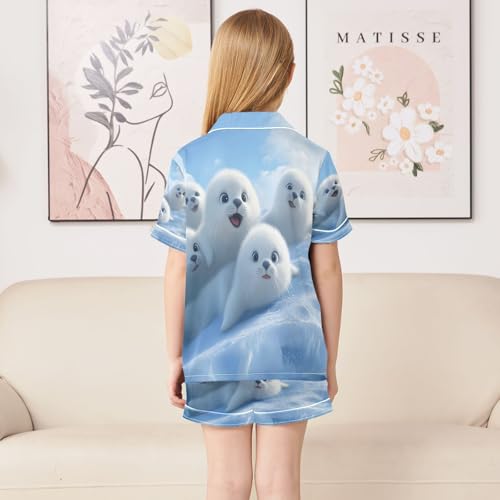 ALAZA White Harp Seal Satin Pajamas Set Short Sleeve Button Down Sleepwear Summer Pjs 2 Piece4