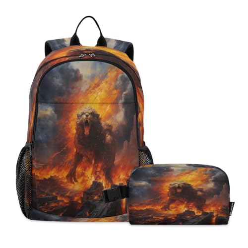 Sac à dos Lion en Colère sac d'école léger durable peintures à l'huile avec lunch bag