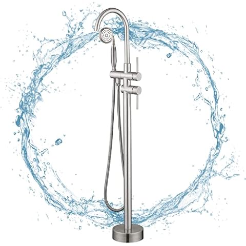 PROOX Freestanding Bathtub Faucet Floor Mounted, High Flow Free Standing Tub Filler with Hand Sprayer, Swivel Spout - Brushed Nickel Cover