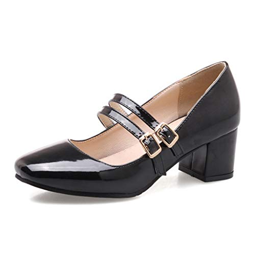 MIOKE Women's Square Toe Mary Jane Pumps Buckle Strappy Comfort Chunky Block Mid Heel Classic Dress Shoes