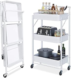 Dripex Storage Trolley Cart, 3 Tier Foldable Metal Rolling Organizer Cart with Casters, Mobile Utility Service Cart for Kitchen Bathroom Office Laundry (White)