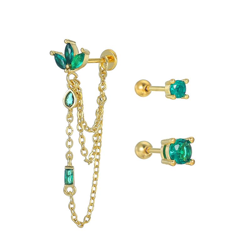 Emerald Green CZ Crown Threader Tassel Cartilage Screw Mini Stud Earrings Set for Women 14K Gold Plated Flower Solitaire Crystal Tragus Helix Studs