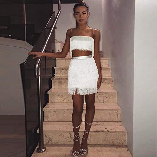 Womens Sexy 2 Piece Outfits Sleeveless Crop Top Feather Tassels Bodycon Mini Dress Outfits Clubwear2