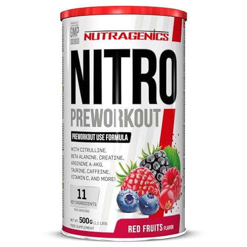 Nutragenics Nitro Preworkout - 500 g - pre entrenos potentes - Pre workout gym con Arginina, Beta Alanina, Citrulina, Creatina, Taurina, Cafeina - Preentreno gimnasio Prework Gym (Frutos rojos)