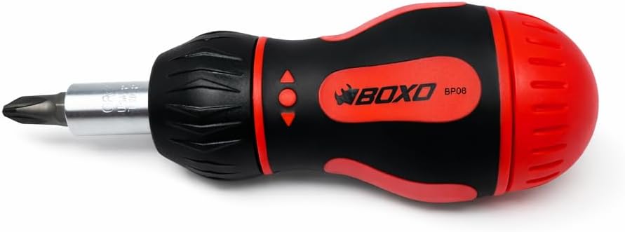 BOXO USA Ratcheting Screwdriver Set - 7-in-1 Multi Bit Driver with Bit Storage Handle (Twist-Off Lid), Magnetic Holder, Forward/Reverse Ratchet, Ergonomic Grip (Red/Black)