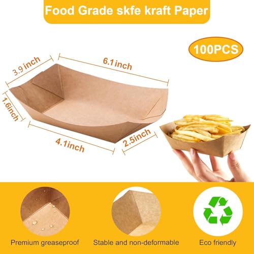 100Pcs Food Boats, 2 LB Kraft Food Tray, Disposable Brown Paperboard Serving Basket, Grease Resistant Fast Food Snack Holder Container for Party Nachos, Snacks, Hot Dogs, Tacos, Fries by Tngbolehea - Image 2