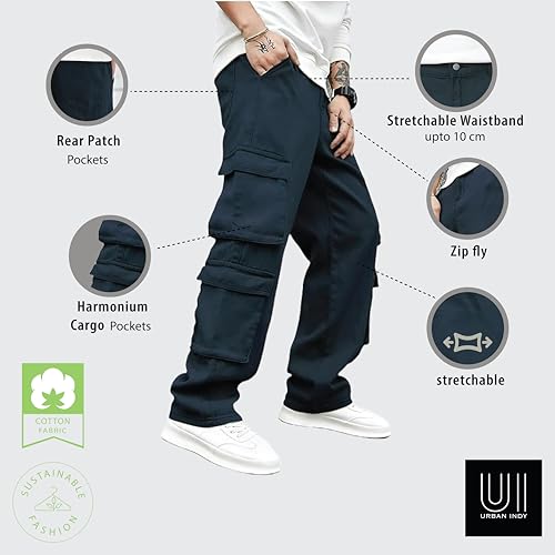 Image of Men's 8 Pocket Cargo Pants | Premium Cotton Twill Baggy Fit Trousers | Stretchable Casual Streetwear Cargos | Mid Rise