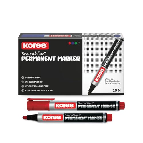 Image of Kores Smoothline+ Permanent Marker Pen, Red | Pack of 10 | Bold, Fade-Resistant & Quick-Dry Ink | Long-Lasting, Non-Toxic, Smooth Writing for Office, School & Home |