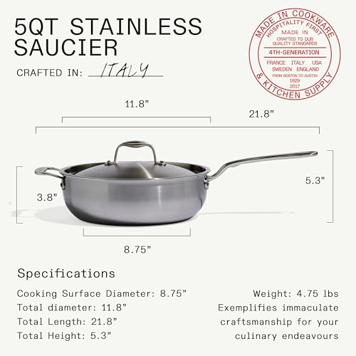 Image of Made In Cookware - 5 Quart Stainless Steel Saucier Pan - 5 Ply Stainless Clad - Professional Cookware - Crafted in Italy - Induction Compatible