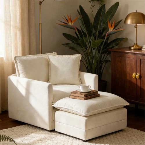 Mixcous Chenille Oversized Chair with Ottoman -39W Big Comfy Reading Chair and Ottoman Set, Lounge Chairs for Living Room, Bedroom, Kids Room, Reading Nook, Family Room, Cream White
