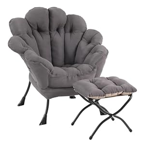 Furlide Lazy Chair with Ottoman, Modern Floral Reading Chair with Folding Footrest, Lounge Accent Chairs, Comfortable Oversized Armchairs for Bedroom, Living Room, Courtyard, Dark Grey