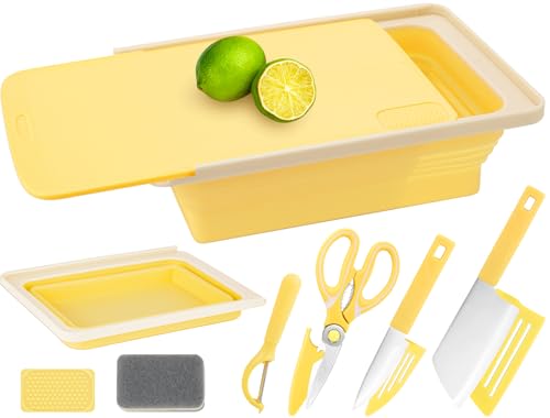 Camping Cutting Board Set - 7-in-1 Portable Foldable Chopping Board with Knife, Vegetable Washing Basket, Kitchen Essentials for Camping, RV, Picnic, Travel & Outdoor Cooking