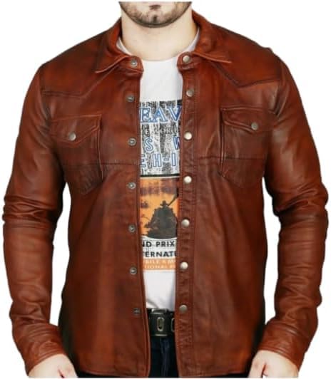Men's Western Trucker Leather Jacket, Fitted Denim Shirt Style, Mens Wastern Cowboy Leather