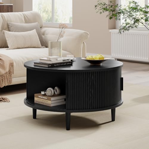 Image of Round Coffee Table with Storage, Mid Century Modern Coffee Table, Fluted Dining Table with Sliding Door, Circle Coffee Table for Living Room Home Office, 31.5 inch, Black