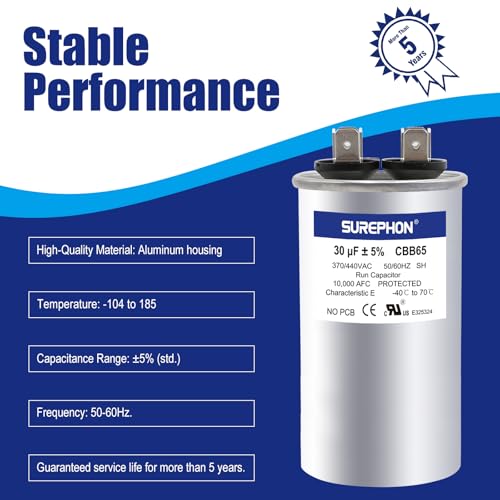 SUREPHON 30 Mfd Capacitor 370V/440V Round Run Start Capacitor for AC Motor Run or Fan Start and Cool or Heat Pump Air Conditioner