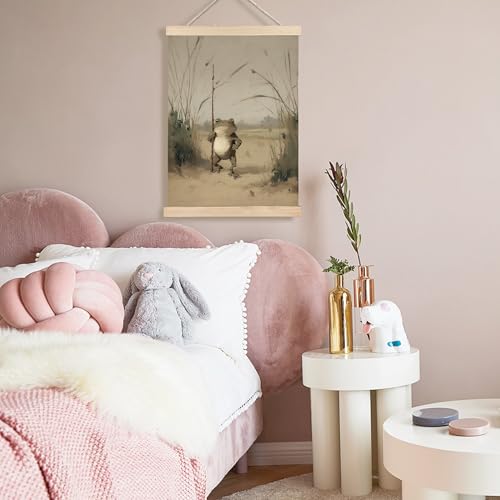 Image of PQKIY Whimsical Vintage Farmhouse Frog Traveler Wall Art Poster Hanger Frame 12x16 in, Moody Nature Weird Animal Wall Decor Canvas Prints for Home Bedroom Living Room