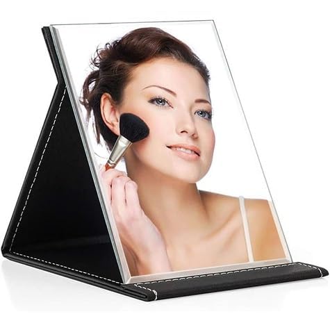 Image of Folding Portable Makeup Mirror with Adjustable Stand | HD Frameless Beveled Design | Travel-Friendly PU Leather Vanity Mirror for Desk, Dresser & Bathroom,Rectangular (Black Square Edge Mirror)